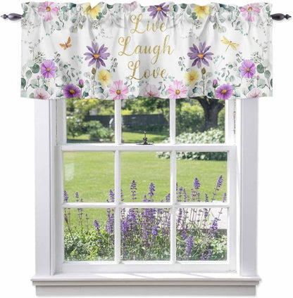 Prime Leader Purple Yellow Flowers Valances Curtain for Windows Spring Floral Eucalyptus Leaf Laugh Love Live Valance Rod Pocket Short Curtains for Kitchen Bathroom Living Room Bedroom, 42" W x 12" L