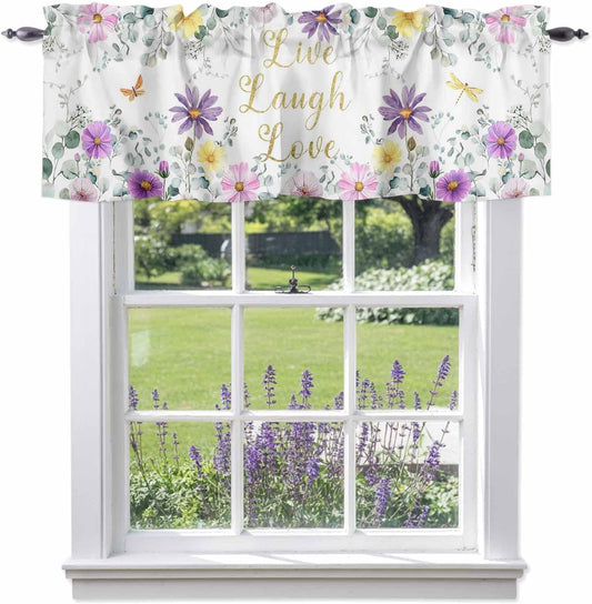 Prime Leader Purple Yellow Flowers Valances Curtain for Windows Spring Floral Eucalyptus Leaf Laugh Love Live Valance Rod Pocket Short Curtains for Kitchen Bathroom Living Room Bedroom, 42" W x 12" L