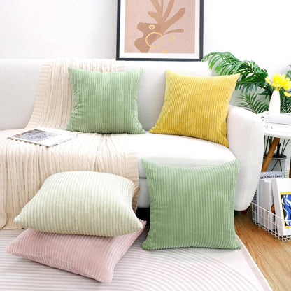 Thmyo Boho Farmhouse Decorative Throw Pillow Covers 18x18 Inch Set of 4 Soft Corduroy Cushion Covers for Mordern Couch Bed Sofa Chair Living Room Home Decor, Cream White/Green/Pink/Yellow