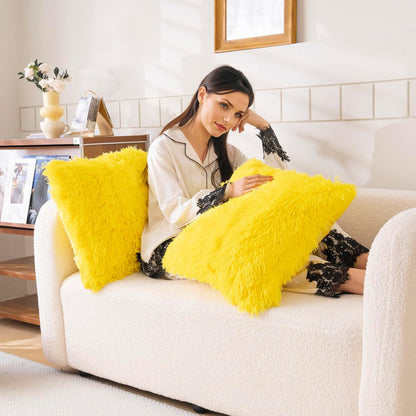 Faux Fur Yellow Throw Pillow Covers, Fluffy Soft Fuzzy Decorative Pillow Cases Cute Pillowcases for Home Bedroom Living Room, Zipper Closure, Set of 2 (Yellow, 18"x 18")