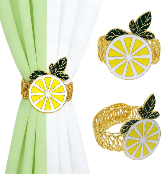 Lemon Curtain Tiebacks 2 Pack Yellow Fruit Spring Curtain Holdbacks No Drill Curtain Ties & Auto-Closing,Boho Curtain Tie Backs for Office & Farmhouse Kitchen Living Room Bedroom Decor