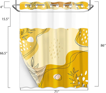 puuiiui Mustard Yellow Hookless Shower Curtain Mesh with Snap in Liner, Light Yellow Boho No Hook Double Layer Shower Curtain and Liner Set, Ringless with Window Waterproof Cloth Fabric, 71"W x 86"L