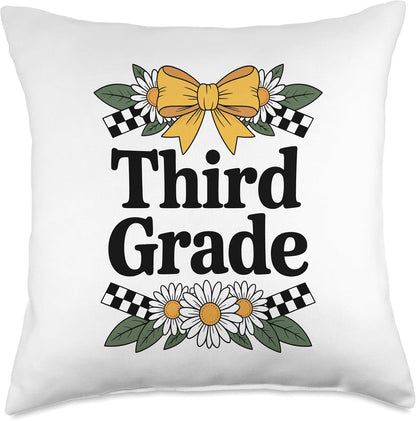 Funny Back To School Teacher Third Grade Floral Yellow Bow Throw Pillow