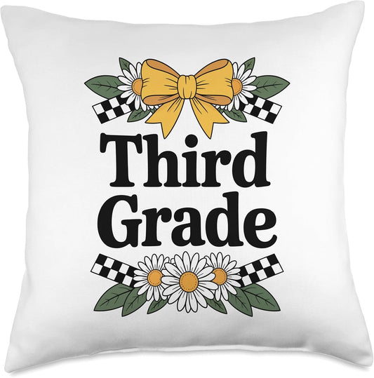 Funny Back To School Teacher Third Grade Floral Yellow Bow Throw Pillow