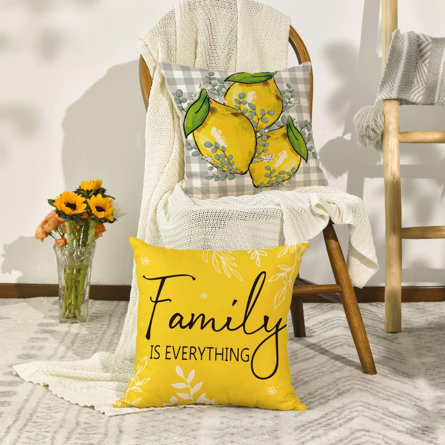 AVOIN colorlife Summer Lemon Buffalo Plaid Throw Pillow Covers, 18 x 18 Inch Home Sweet Home Family is Everything Cushion Case for Sofa Couch Set of 4
