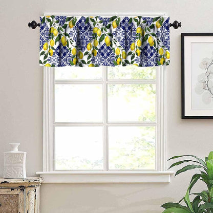 Blue Tiles Lemon Valance Curtain Summer Fruit Chic Rod Pocket Valance Window Treatments Short Curtains for Kitchen Farmhouse Living Room Bathroom Decor 54x18inch
