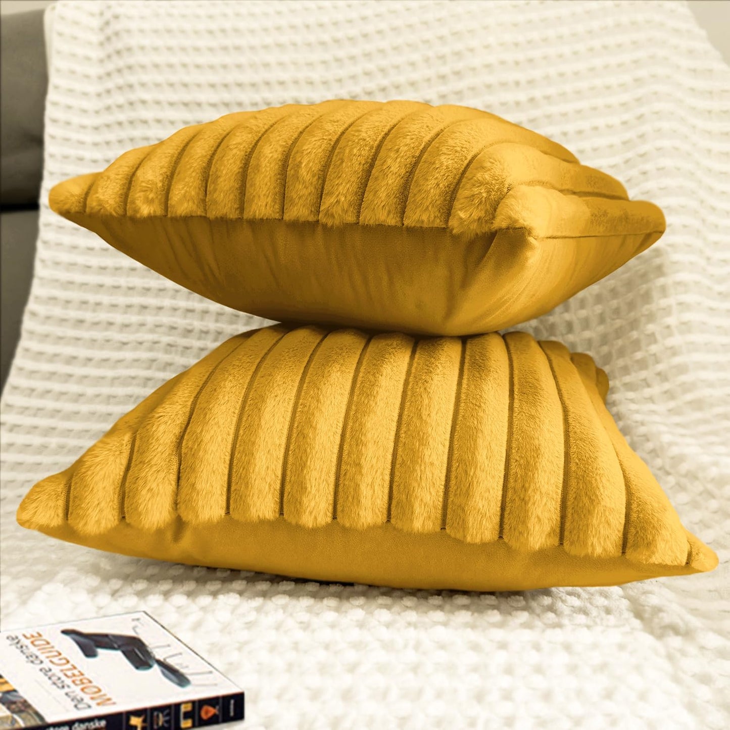 Bunliuys 2 Pack Pillow Covers, 20x20 Faux Fur Square Throw Pillow Covers for Living Room Decorations Throw Pillow Case, Throw Pillow Cover Cushion Cover for Home Sofa Bedroom Car, Mustard Yellow