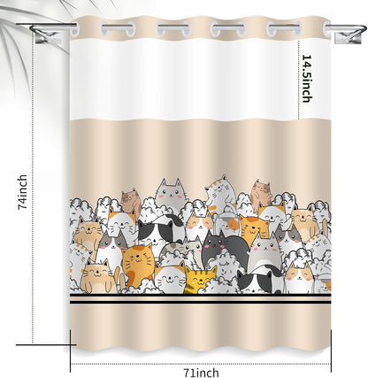 Cat Shower Curtain for Kids, Cartoon Animal Shower Curtain with Snap in Liner Set Double-Layer Hookless Shower Curtain for Bathroom Yellow 71x74Inch
