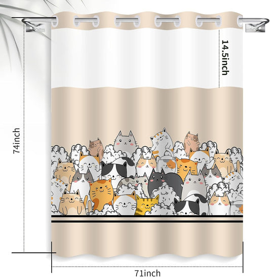 Cat Shower Curtain for Kids, Cartoon Animal Shower Curtain with Snap in Liner Set Double-Layer Hookless Shower Curtain for Bathroom Yellow 71x74Inch