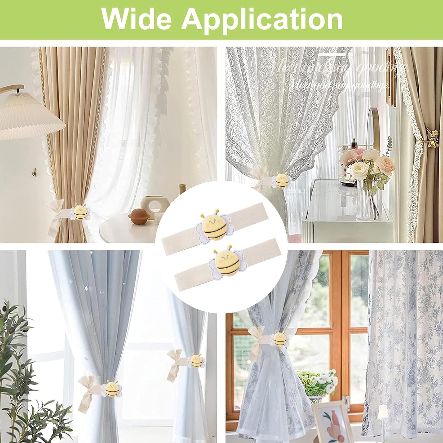 Cute Cartoon Animal Curtain Tiebacks, 4Pcs Drape Rope Holdbacks with Embroidered Bee Decor Cotton Curtain Ties for Baby Kid Room (Little Bee)