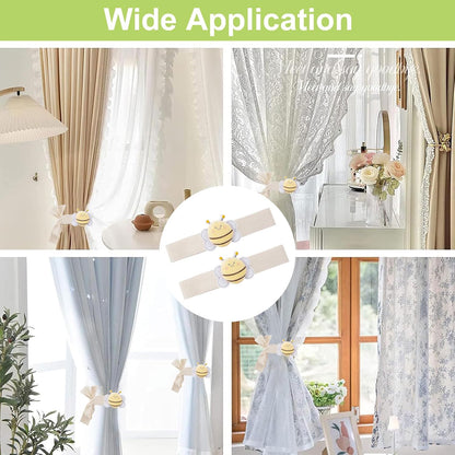 Cute Cartoon Animal Curtain Tiebacks, 4Pcs Drape Rope Holdbacks with Embroidered Bee Decor Cotton Curtain Ties for Baby Kid Room (Little Bee)