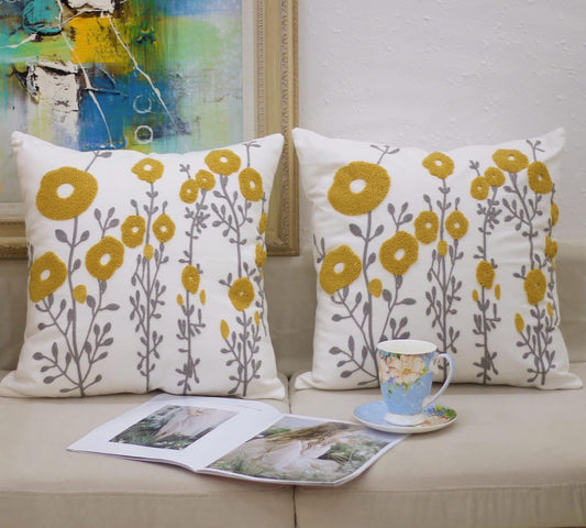 Mustard Yellow Flora Throw Pillow Covers Fall Decorative Pillowcase 18x18 Embroidered Cushion for Home Living Room Farmhouse Couch Sofa Picnic 2 Pcs