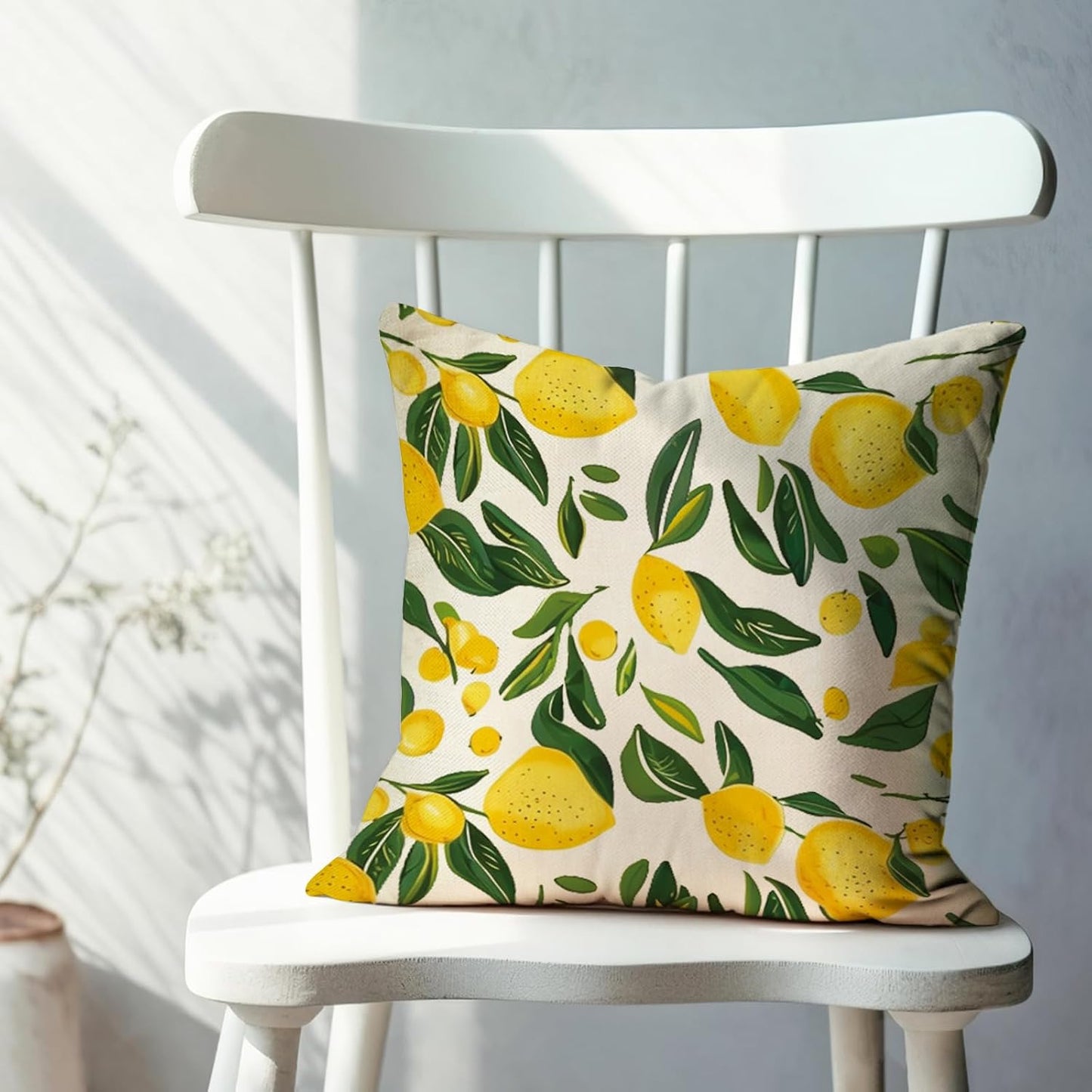 Fahrendom Lemon Throw Pillow Cover 16x16 Inch Summer Pillow Covers Yellow Fruit Green Leaf Farmhouse Cushion Case Linen Decorative Pillowcase for Couch Sofa Bed Mediterranean Kitchen Home Decor