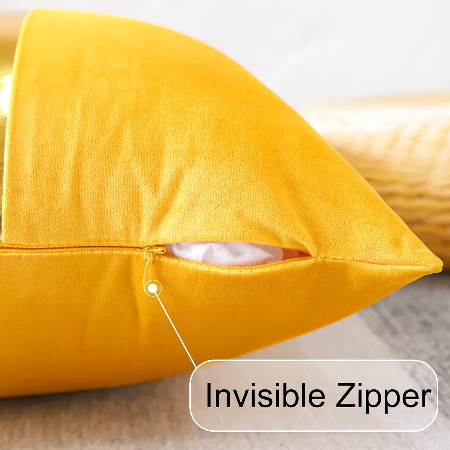 Artscope Yellow Velvet Throw Pillow Covers with Gold Leather Stitching Luxury Modern Minimalist Square Pillowcase Cushion Covers for Bed Couch Sofa 18x18Inch Set of 2