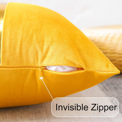 Artscope Yellow Velvet Throw Pillow Covers with Gold Leather Stitching Luxury Modern Minimalist Square Pillowcase Cushion Covers for Bed Couch Sofa 18x18Inch Set of 2