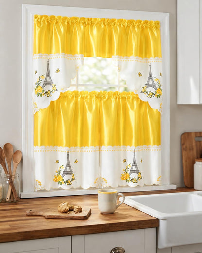 American Linen Eiffel Tower Embroidered Window Curtain Set, Yellow | 3 Piece, Paris Kitchen Curtains, Valance and Tiers, French Country Window Treatments