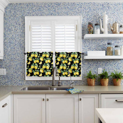 Semi Sheer Kitchen Curtains and Valances Set Summer Yellow Lemon Watercolor Style Black Valance and Tier Curtains 3 Piece, Rod Pocket Window Valances Short Drapes for Bedroom Living Room