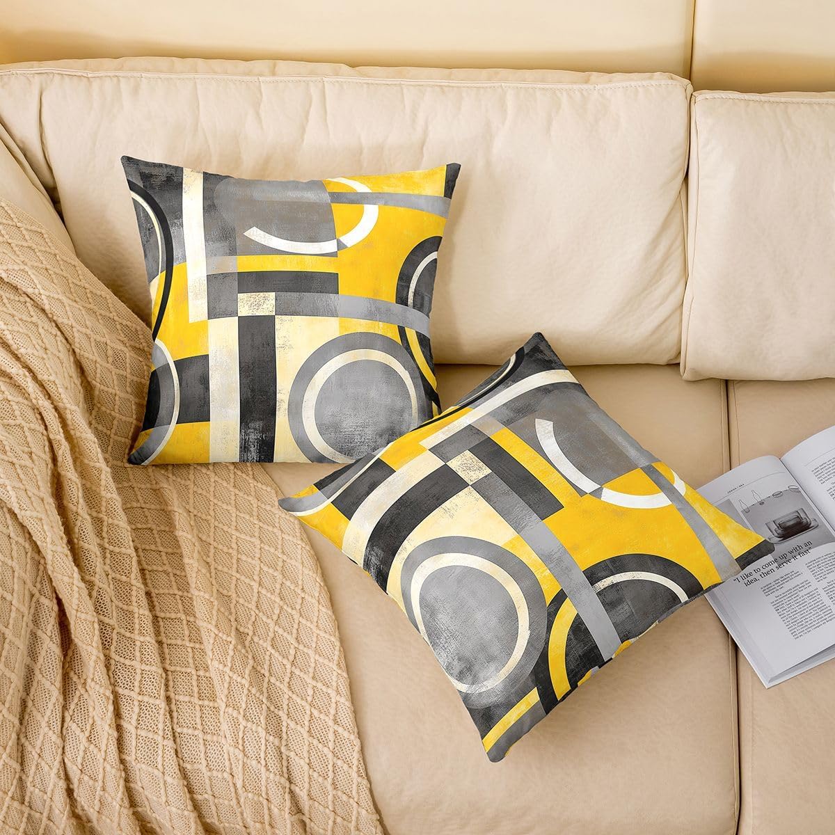 Feelyou Yellow Grey Circle Geometric Reversible Throw Pillow Covers,Geometric Pillow Covers Home Decor Stripe Line Square Cushion Covers Set of 2 for Bed Sofa Couch,Modern Abstract Art 16 x 16-Inch