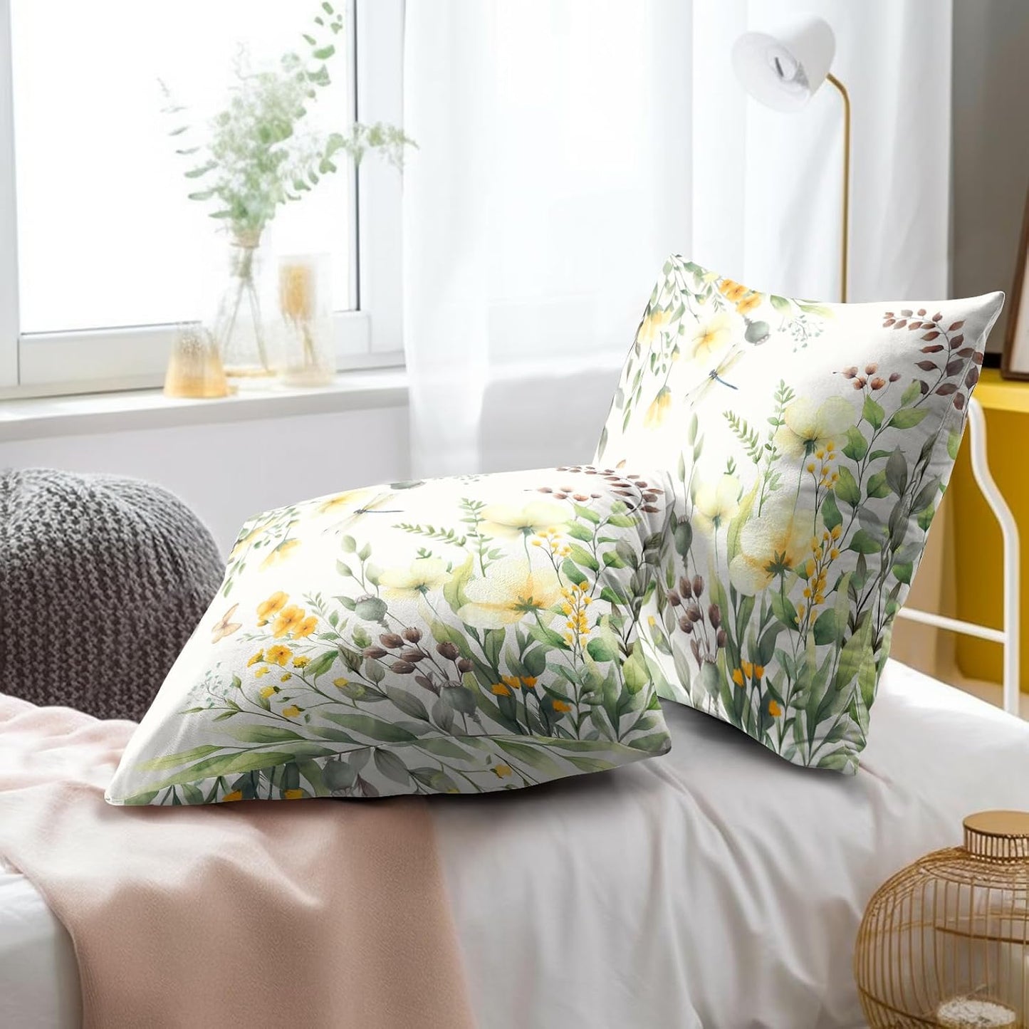 Spring Sage Green Leaf and Flowers Pillowcase Set of 2 Yellow Floral Decor Throw Pillows 16x16 Inch Spring/Summer Eucalyptus Square Pillow Cushion Covers for Home Living Room Bed Sofa Outdoor Couch