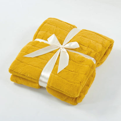 Home Soft Things Rabbit Faux Fur Throw Blanket (50" x 60") and 2 Pillow Covers (18" x 18")，3 Piece Lemon Curry Throw Pillow Set，Decorative Throw Blankets for Couch Bed Living Room