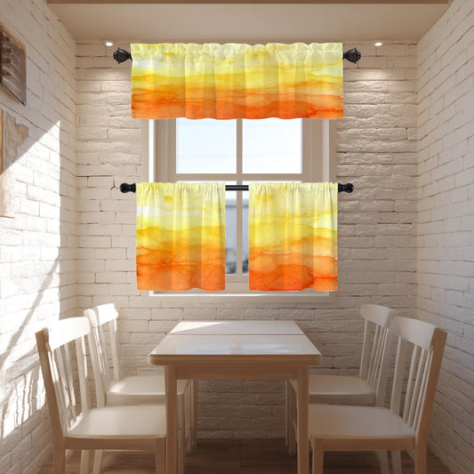 Abstract Orange Watercolor Kitchen Valances Window Curtain, Yellow Orange Paint Art Design Blackout Decoration Small Window Valances Curtains Drapes for Kitchen Bedroom, 52 X 18 Inch