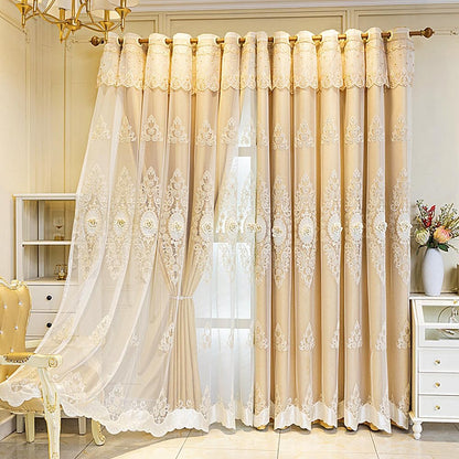 Amidoudou 1 Pair European Double Layer Curtains with Valance for Living Room Bedroom Luxury 3D Flower Embroidered Curtains (Yellow,51x96 Inch)