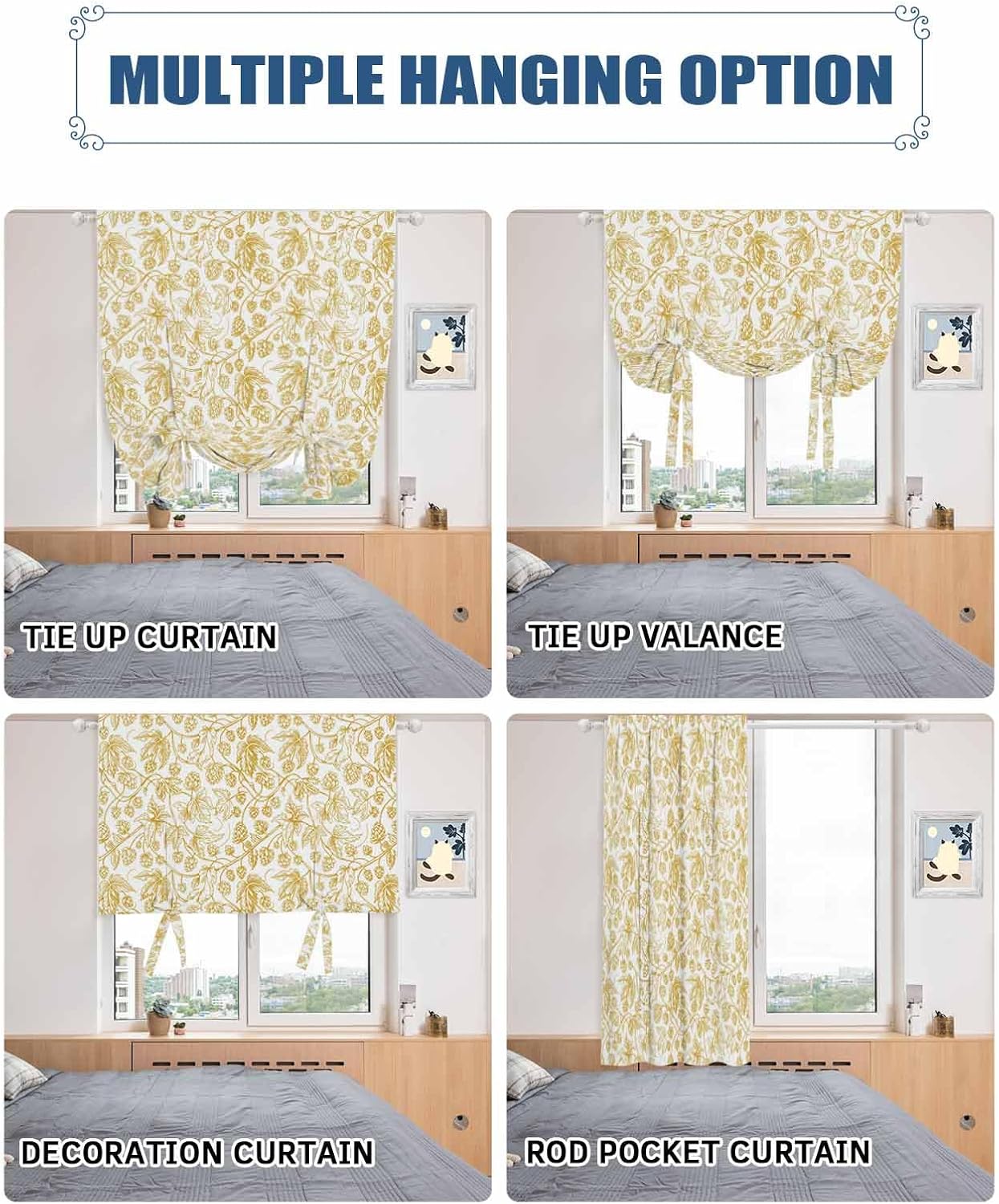 Yellow Floral Fruit Linen Tie Up Curtains Valance for Kitchen Small Window,Adjustable Living Room Bathroom Bedroom Drape Light Filtering Cafe Shade Drapery 1 Panel 42"x54" Shabby Chic Botanical Flower