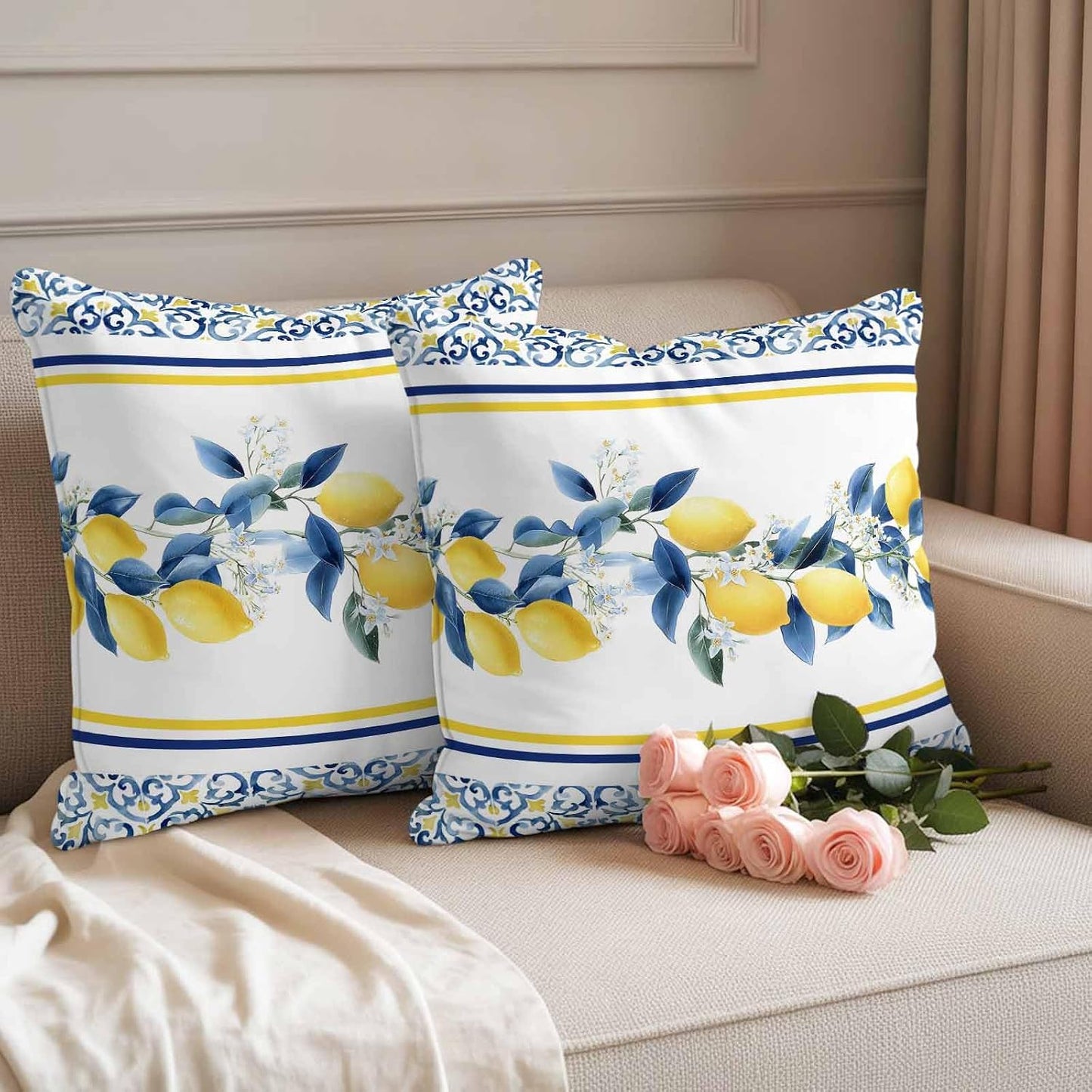 Summer Lemon Outdoor Pillow Covers Pack of 2 Lemon Flower Mediterranean Waterproof Garden Farmhouse Cushion Cases Decorative for Patio Furniture Balcony Couch Sofa 20 x 20 Inch