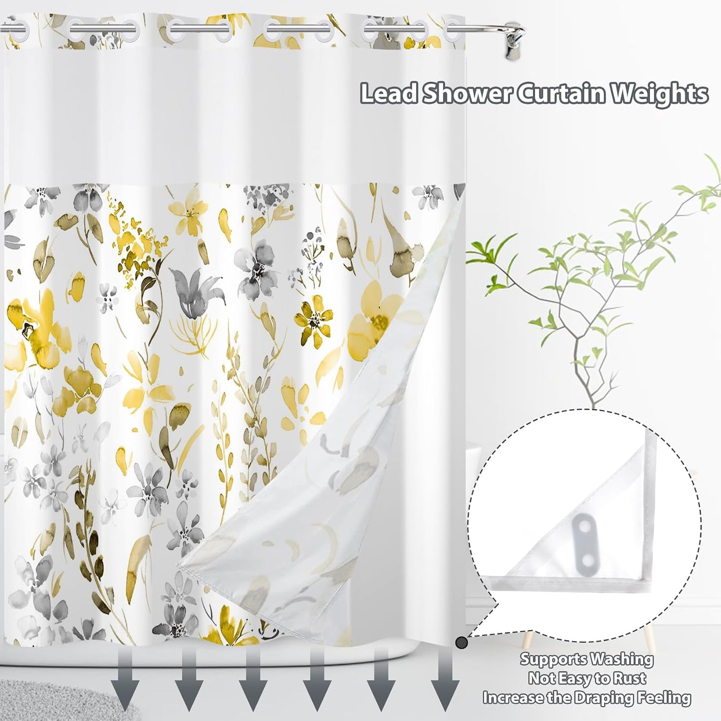 No Hook Shower Curtain,Yellow Gray Floral Double-Layered Shower Curtain with Snap-in Liner and Weights,Watercoor Flower Leaves Fabric Bath Curtain with See Through Mesh, 71x74in