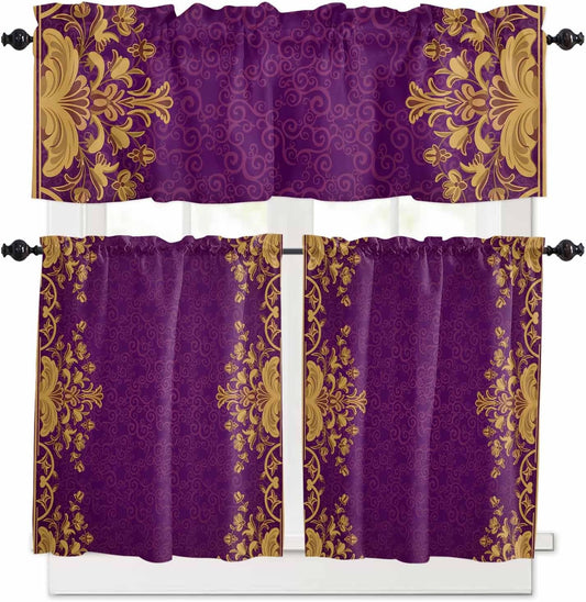 3 Piece Vintage Purple Kitchen Curtain Valance and Tiers Set Yellow Flower Lace Baroque Ethnic Style Rod Pocket Tier Curtain 36 Inch Small Window Drapes for Living Room Bedroom Cafe Home Decor