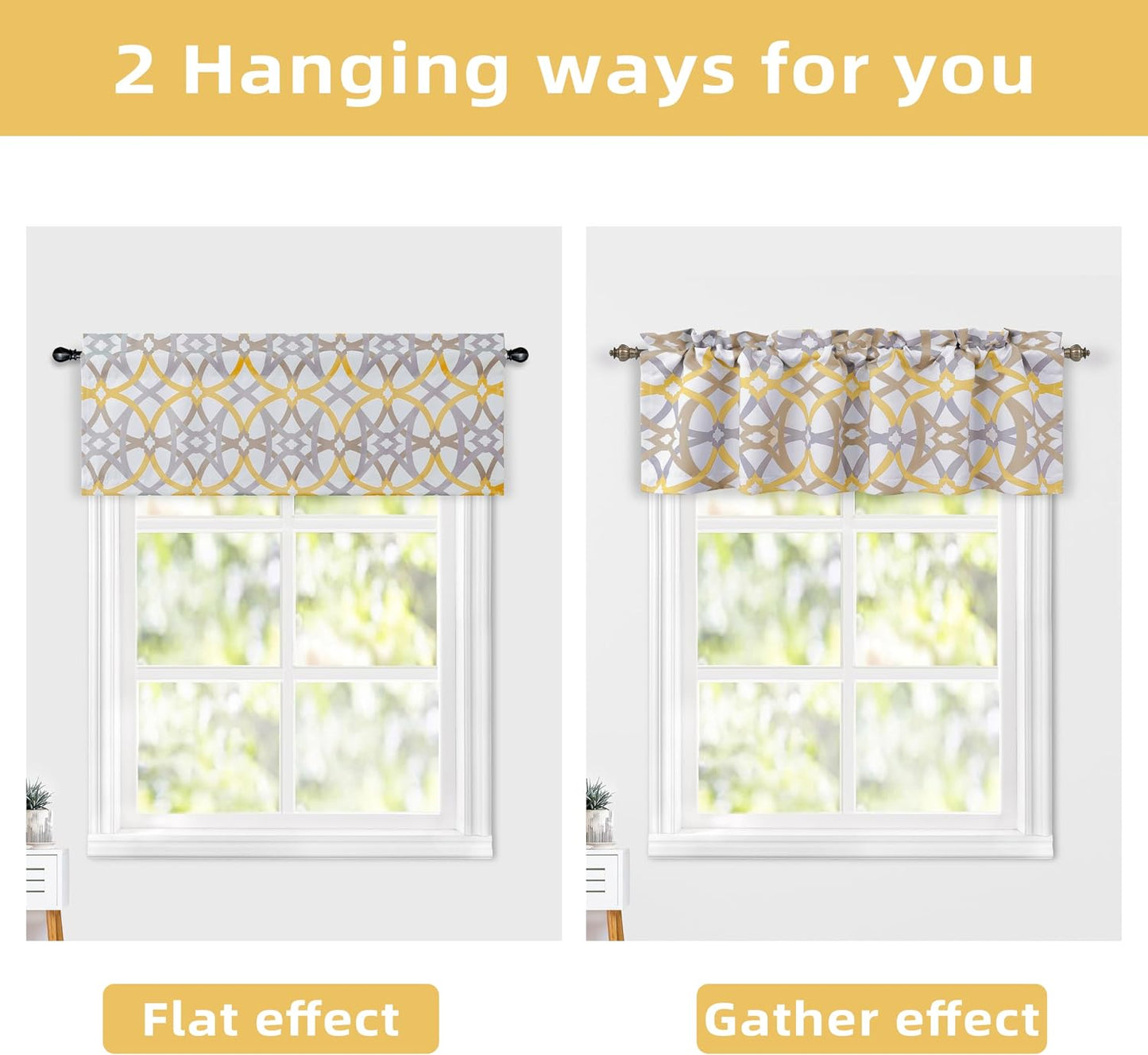 DriftAway Alexander Blackout Valances for Windows Thermal Insulated Kitchen Topper Geometric Moroccan Mid Century Pattern Match Thick Bathroom Curtain Valance Rod Pocket 52 Inch by 14 Inch Yellow/Gray
