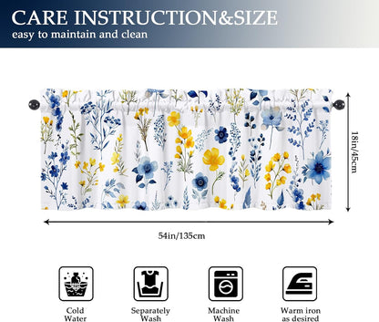 Yellow Blue Floral Valances 54" W x 18" L - Yellow Blue Flowers Kitchen Curtains Valance for Windows Rod Pocket Kitchen Decor Decorations