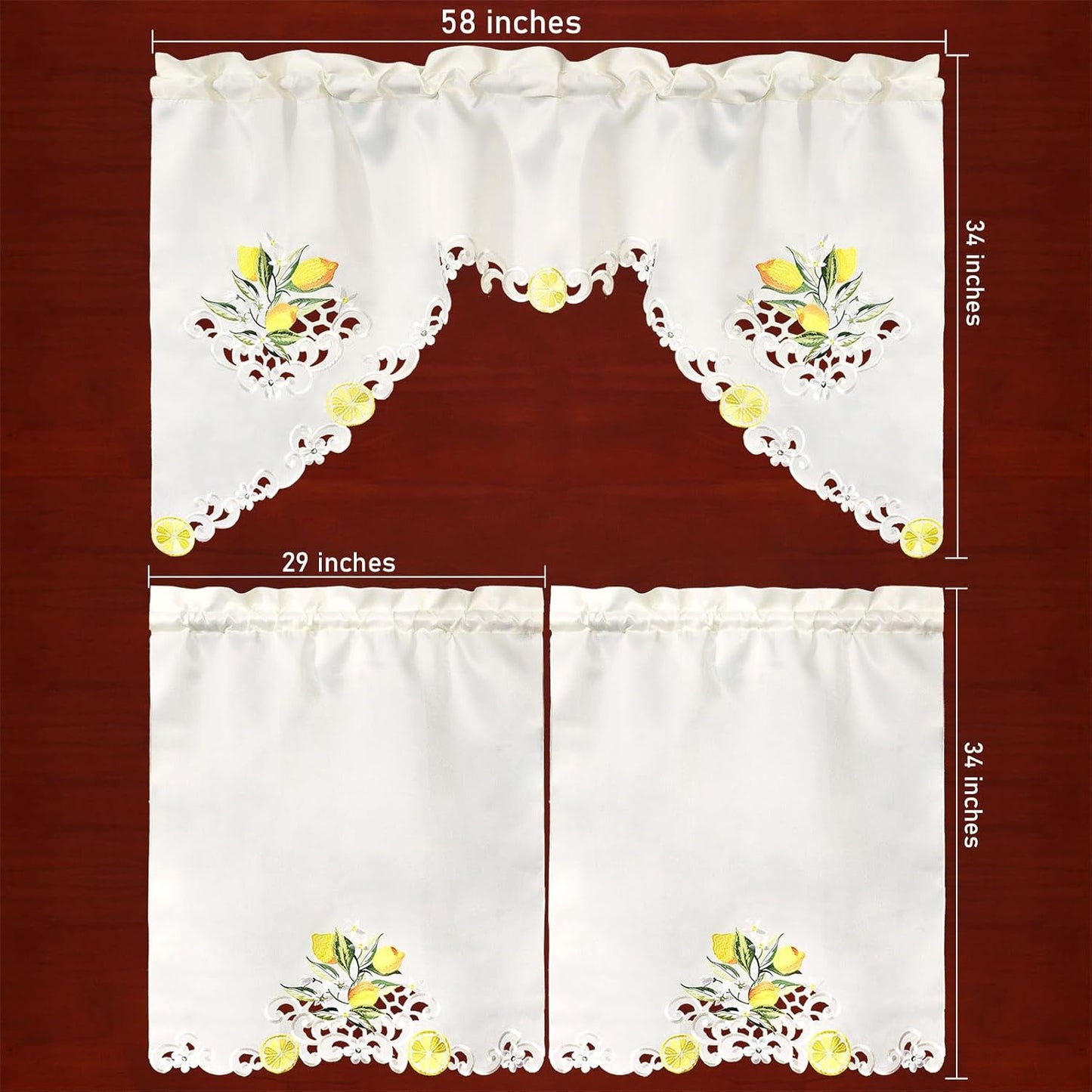 Embroidered Lemon Kitchen Window Curtain Swag and Tiers Set for Spring and Summer (Lemon)