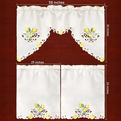 Embroidered Lemon Kitchen Window Curtain Swag and Tiers Set for Spring and Summer (Lemon)