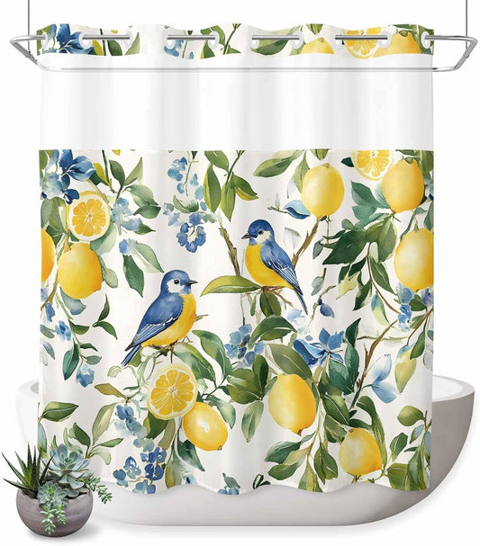 No Hook Shower Curtain 72" x 72",Pastoral Vintage Lemon Blue Bird Waterproof Bath Curtains Semi-Sheer Mesh Top Window,Hotel Luxury Shower Curtains Bathroom Decor,Retro Yellow Fruit Flowers