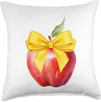 Red Apple with Yellow Coquette Bow – Teacher Back to School Throw Pillow