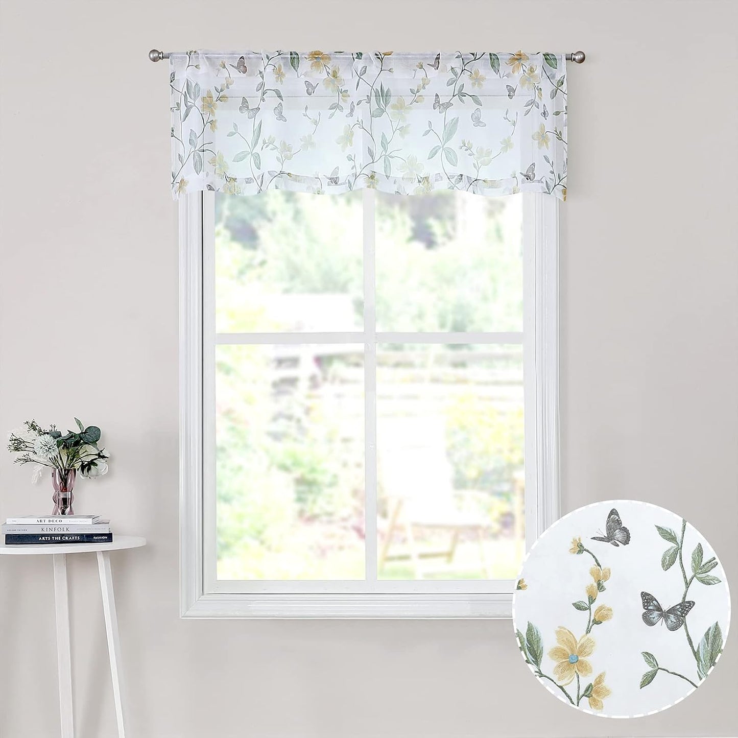 Tollpiz Sheer Floral Curtain Valance Yellow Flower Butterfly Printed Bedroom Curtain Valances Rod Pocket Voile Faux Linen Window Valance Curtains for Living Room, 54 x 16 inches Long, Set of 1 Panel