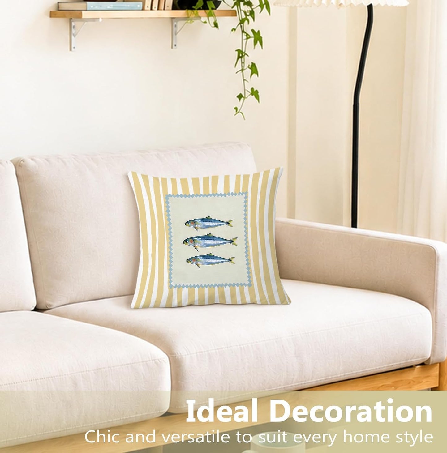 Sardine Fish Coastal Beach Pillow Cover 18x18, Beach House Decor, Trendy Fish Fishing Yellow Striped Decorative Throw Pillow Cover for Home Bedroom Living Room