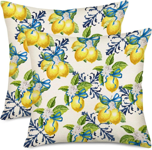 Fukeen Yellow Lemon Pillow Covers 16x16 Inch Set of 2 Summer Fruit Leaves Lemon Pillow Case Green Yellow Watercolor Decorative Throw Pillows Summer Square Cushion Cover Decor for Sofa Bed