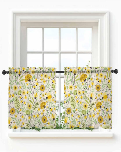 Yellow Abstract Botanical Sheer Kitchen Tier Curtains 24 inch length, Farmhouse Seasonal Garden Floral Window Valances, Spring Flowers Rod Pocket Short Curtains for Small Windows 27.5"x24" 2 Panels