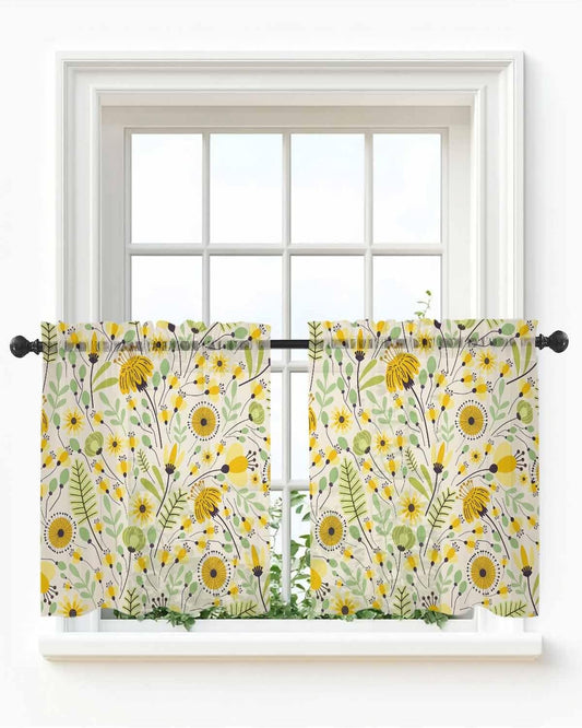 Yellow Abstract Botanical Sheer Kitchen Tier Curtains 24 inch length, Farmhouse Seasonal Garden Floral Window Valances, Spring Flowers Rod Pocket Short Curtains for Small Windows 27.5"x24" 2 Panels