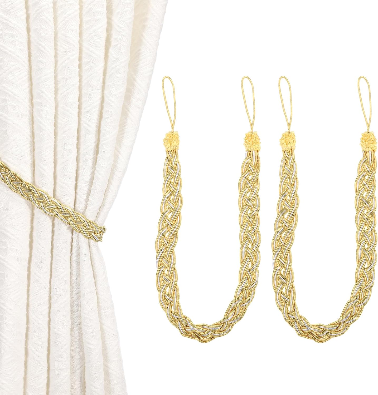 uxcell 2 Pcs Curtain Tiebacks, 56cm/22 Braided Drapery Holdback Holder Curtain Ties Holdbacks Elegant Window Decorative Rope Tie Back for Home Office Hotel Decor, Gold Yellow
