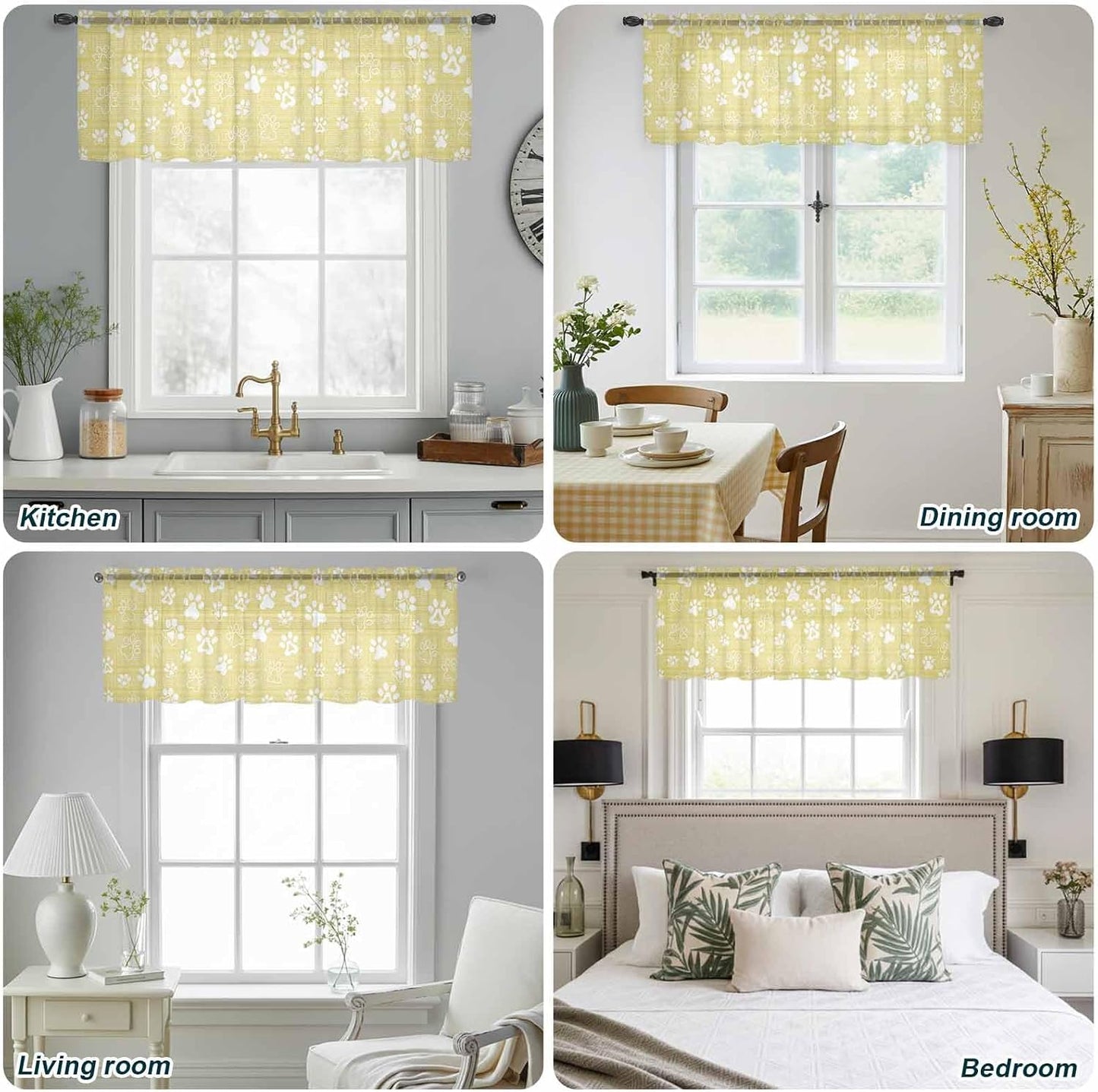 Lemon Yellow Dog Paw Sheer Curtains Valances for Windows Modern Geometric Abstract Aesthetics Chiffon Kitchen Valances for Cafe, Voile Window Treatments Curtains for Living Room Bedroom, 54"x18"