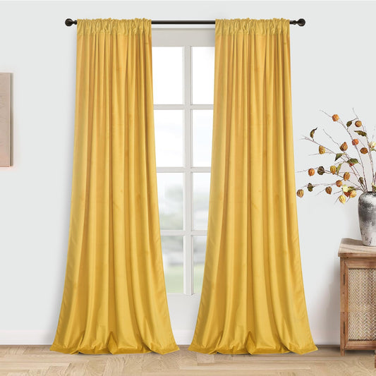 Roslynwood Luxury Soft Warm Yellow Velvet Curtains 84 inches Long Back Tab Thermal Insulated Blackout Window Drapes for Living Room/Bedroom/Dining Room, W52 x L84, 2 Panels