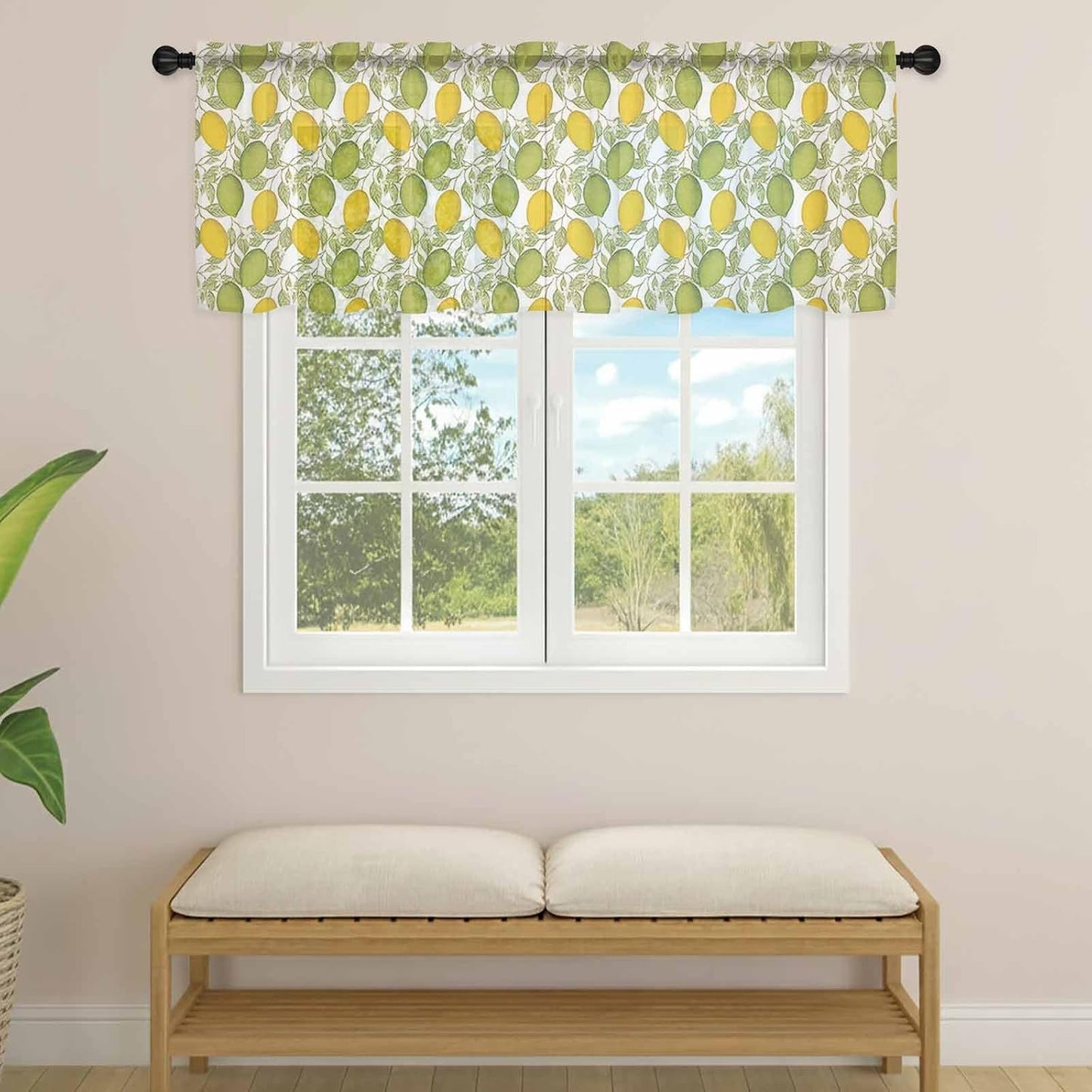Lemon Summer Sheer Curtain 18 Inch Long Plant Leaves Light Filtering Rod Pocket Voile Curtain Valance for Bedroom Kitchen Cafe Window 54" W x 18" L