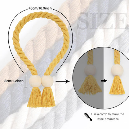 NICEEC 4 Pack Wooden Ball Magnetic Curtain Tiebacks Boho Home Decor Drape Tie Backs Natural Cotton Hand Woven Rope Curtain Holdbacks for Thin & Thick Home & Office Window Draperies (Yellow)