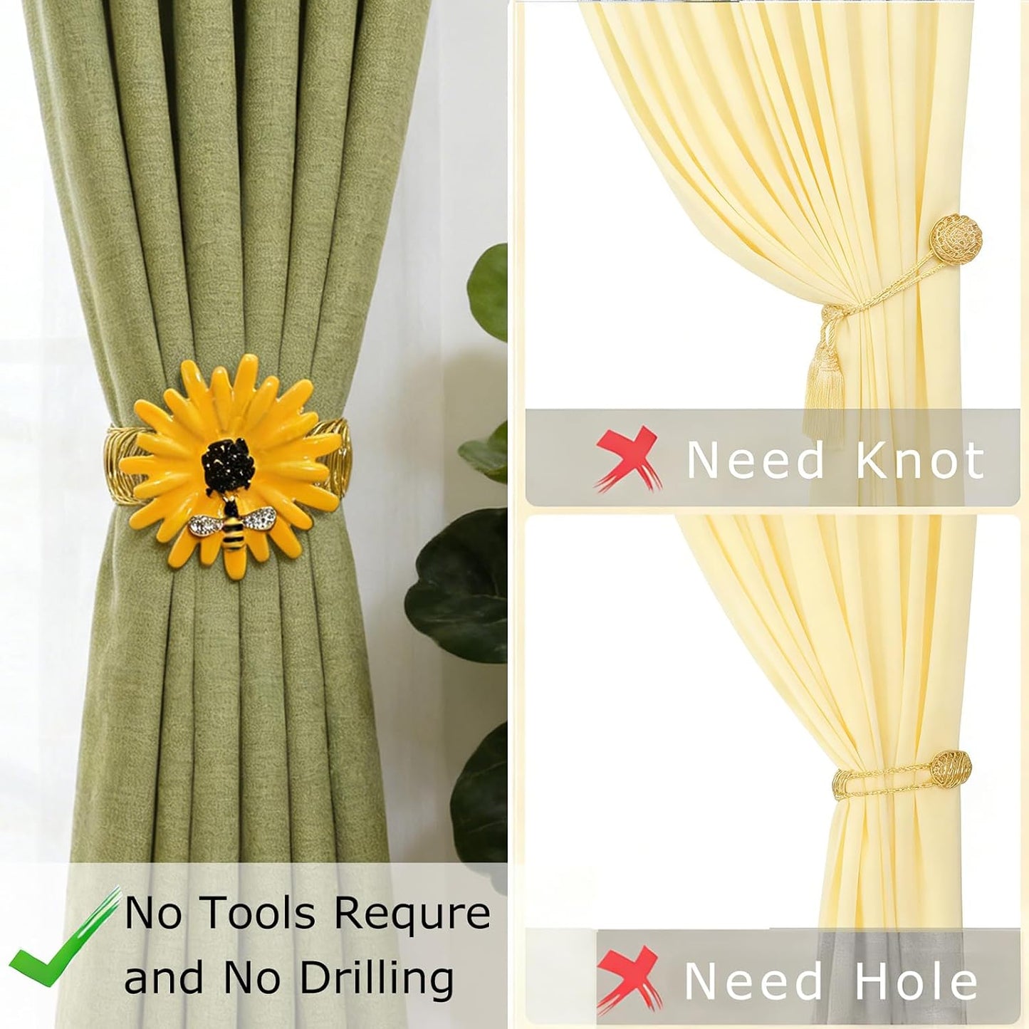 Sunflower Curtain Tiebacks 2 Pack Yellow Bee Daisy Curtain Holdbacks,No Drill Curtain Ties & Auto-Closing Spring Wire,Boho Curtain Tie Backs for Farmhouse Kitchen Living Room Bedroom Decor