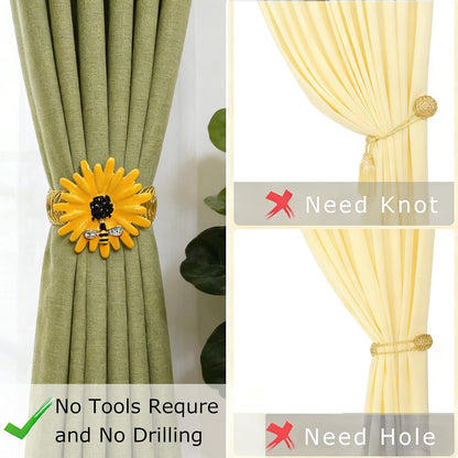 Sunflower Curtain Tiebacks 2 Pack Yellow Bee Daisy Curtain Holdbacks,No Drill Curtain Ties & Auto-Closing Spring Wire,Boho Curtain Tie Backs for Farmhouse Kitchen Living Room Bedroom Decor