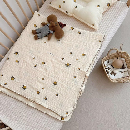 MKXI Swaddling Blankets Nursery Blankets 100% Cotton Lovely Lemon Print Girls Soft Thin Quilt Fruits Toddler Blanket Muslin Baby Quilts Lightweight Breathable