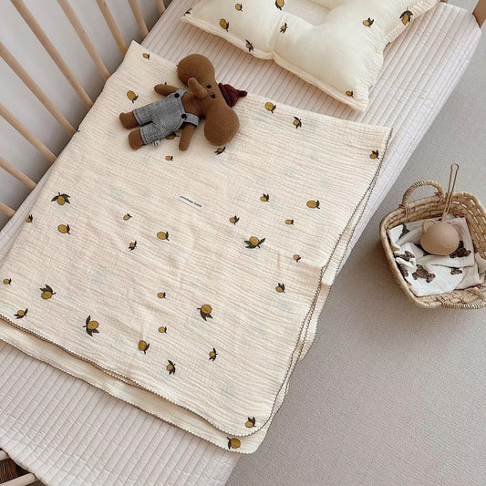 MKXI Swaddling Blankets Nursery Blankets 100% Cotton Lovely Lemon Print Girls Soft Thin Quilt Fruits Toddler Blanket Muslin Baby Quilts Lightweight Breathable